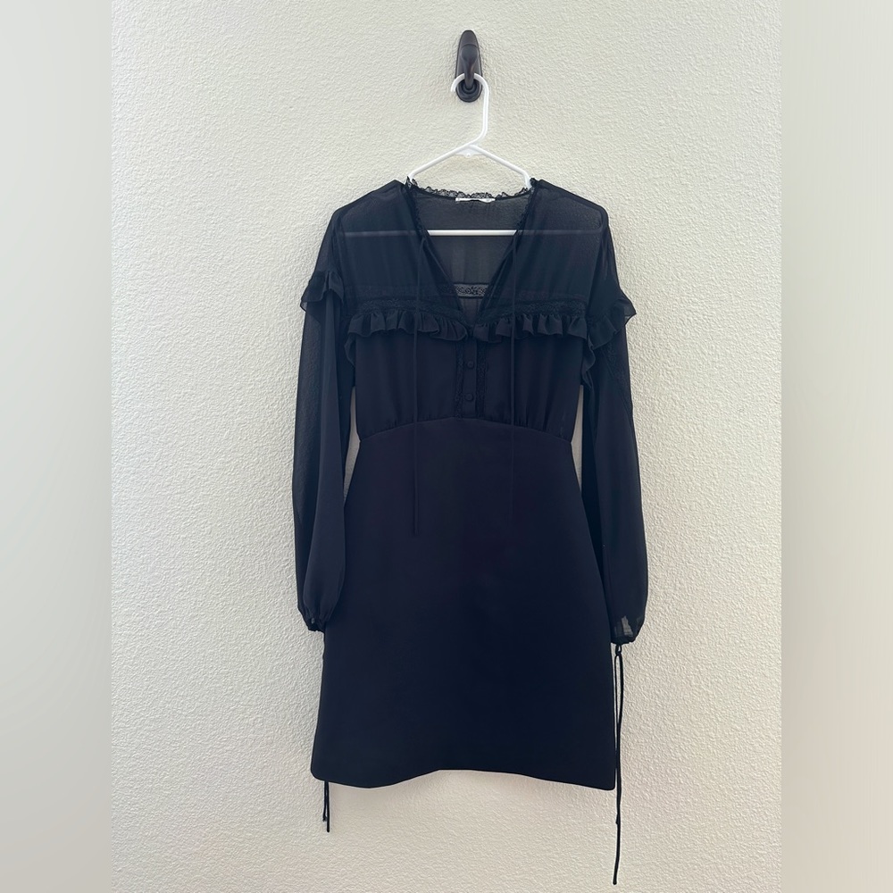 MANGO Black Ruffle Chiffon Ballon‎ Sleeve Sheer Long Sleeve Dress Size 4